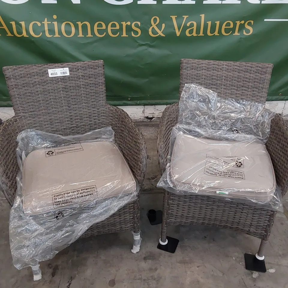 PAIR OF DESIGNER MONACO PATIO ARMCHAIRS WITH SEAT CUSHIONS 