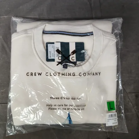BAGGED CREW CLOTHING COMPANY SAILMAKERS GRAPHIC CREW SWEATSHIRT IN ECRU SIZE LARGE