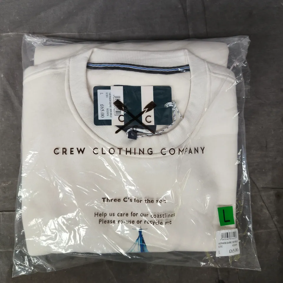 BAGGED CREW CLOTHING COMPANY SAILMAKERS GRAPHIC CREW SWEATSHIRT IN ECRU SIZE LARGE