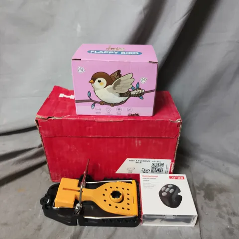 APPROXIMATELY 15 ASSORTED HOUSEHOLD ITEMS TO INCLUDE FLAPPY BIRD CAT TOY, MOUSE TRAPS AND MOBILE REMOTE CONTROLS