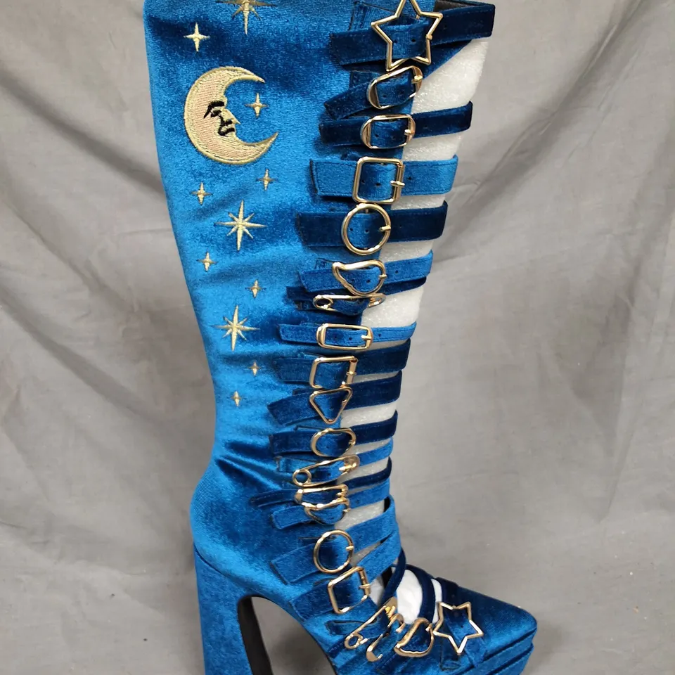 BOXED KOI CYBERSPACE CELESTIAL LONG BOOTS IN BLUE - UK 6