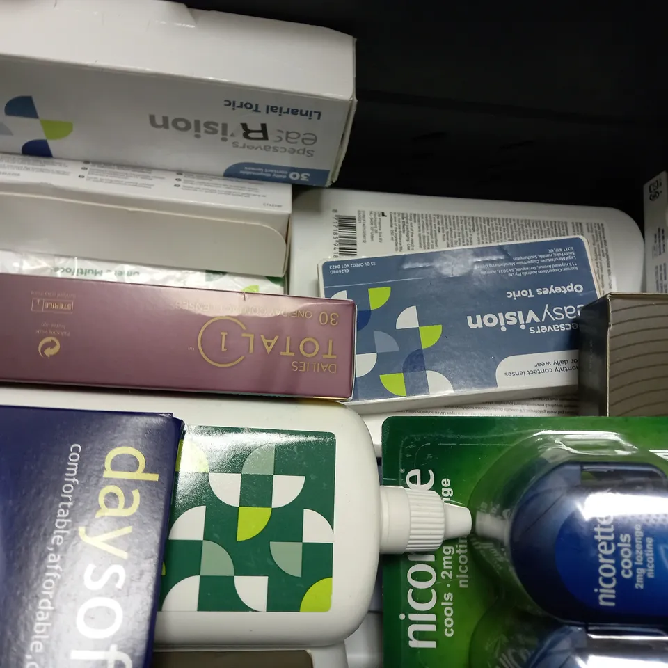 BOX OF APPROX 25 ASSORTED CONTACT LENSES AND CONTACT LENSE SOLUTIONS