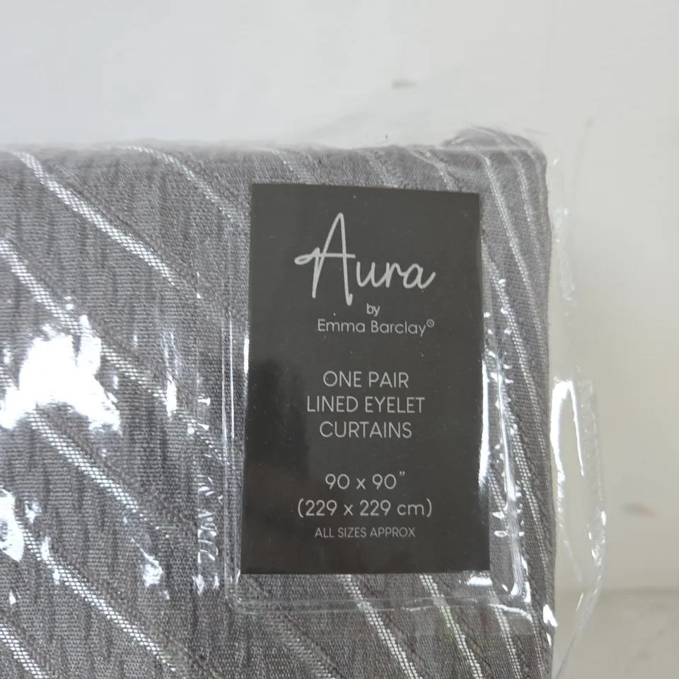 AURA BY EMMA BARCLAY GREY LINED EYELET CURTAINS – ONE PAIR, 90 X 90 INCHES (229 X 229 CM) APPROX