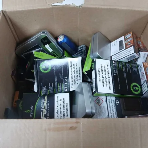 BOX OF APPROXIMATELY 35 ASSORTED E-CIGARETTES AND COMPONENTS TO INCLUDE: VAPOURIZ FUSE KITS 