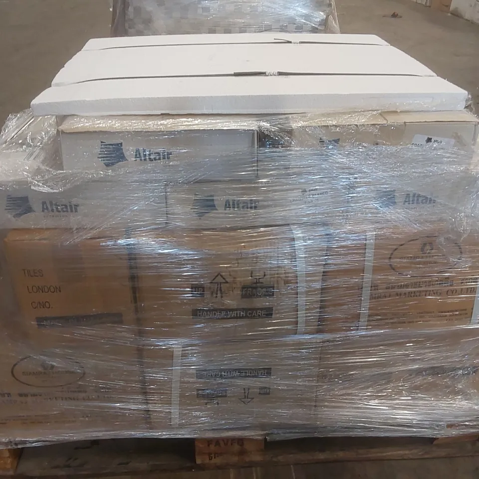 PALLET CONTAINING ASSORTED TILES TO INCLUDE: SIAMRAY HOUSE: 10 X 10CM PRETTY GREY CRAQUELLE, GLOSSY GLAZED TILES
21 FULL BOXES: 90 TILES PER BOX PLUS 51 EXTRA TILES IN A SEPARATE BOX ECT