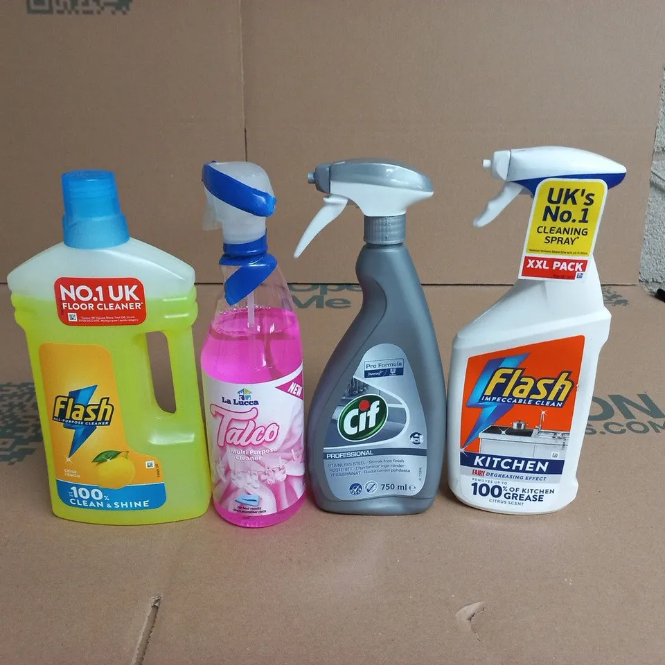APPROXIMATELY 15 ASSORTED HOUSEHOLD LIQUIDS PRODUCTS TO FLASH FLOOR CLEANER, CIF PROFESSIONAL STAINLESS STEEL CLEANER AND LA LUCA MULTI SURFACE CLEANER