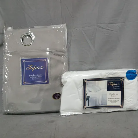 BOX OF APPROXIMATELY 10 ASSORTED HOUSEHOLD ITEMS TO INCLUDE DEEP FITTED SHEETS, EYELET CURTAINS, ETC - COLOURS AND SIZES VARY - COLLECTION ONLY