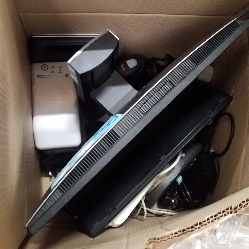 PALLET CONTAINING ASSORTED TECH INCLUDING MONITORS, LABEL PRINTERS, KEYBOARDS AND BARCODE SCANNERS
