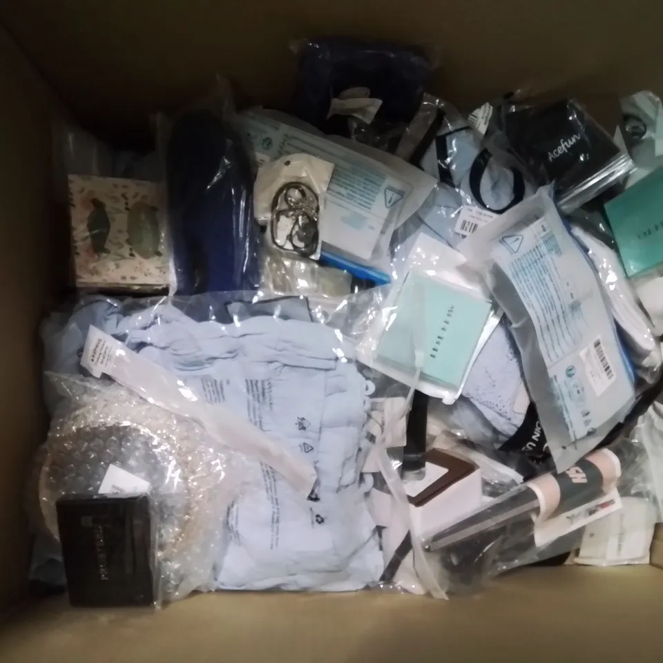 BOX CONTAINING LARGE AMOUNT OF MIXED FASHION ITEMS, SILVER PLATE AND COSTUME JEWELLERY, CLOTHING ITEMS ETC.