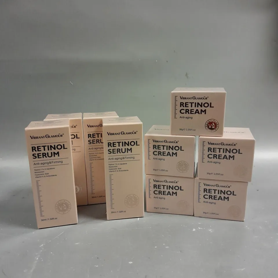 LOT OF 9 VIBRANT GLAMOUR 1% RETINOL SERUM (30ML) AND RETINOL CREAM (30G)