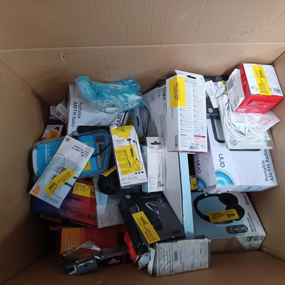 BOX OF APPROX 15 ASSORTED ITEMS TO INCLUDE ASDATECH DAB/FM RADIO, ONE FOR ALL UNIVERSAL REMOTE, SKY REMOTE