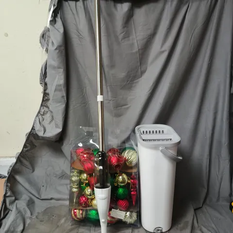 CAGE OF APPROXIMATELY 10 ASSORTED HOUSEHOLD ITEMS INCLUDING MOPS, BUCKETS, CHRISTMAS DECORATIONS ETC