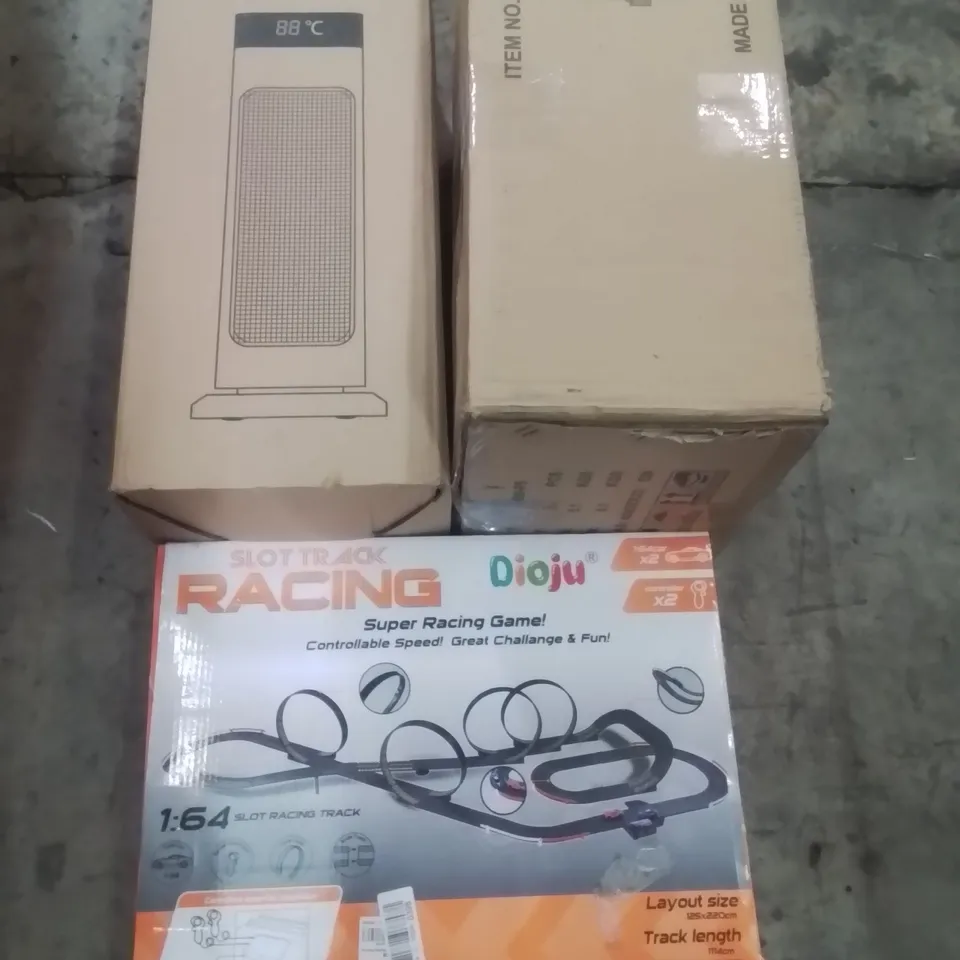 PALLET OF ASSORTED HOUSEHOLD GOODS AND PRODUCTS TO INCLUDE;TOWER SPACE HEATER, PENDANT, SLOT TRACK RACING, ARTIFICIAL OLIVE TREE AND OTHER ASSORTED ITEMS...