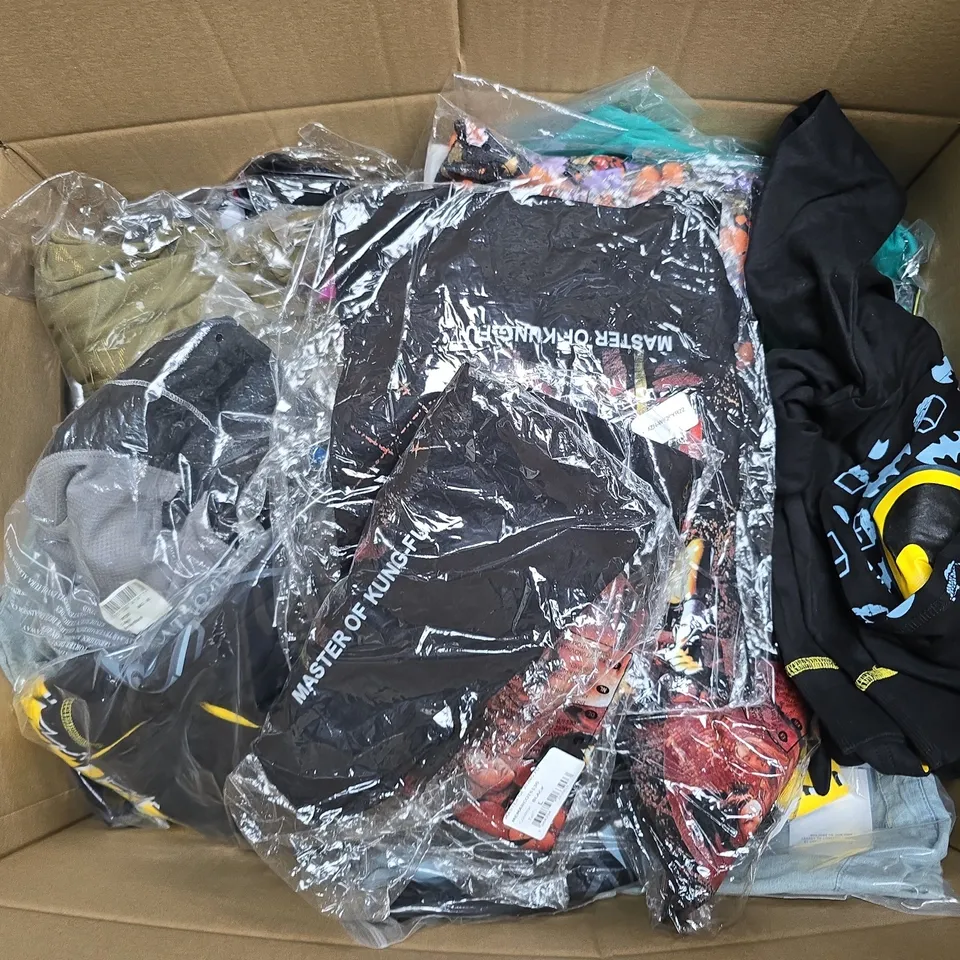 APPROXIMATELY 40 ASSORTED CLOTHING ITEMS IN VARIOUS SIZES, STYLES & COLOURS TO INCLUDE T-SHIRT, SHIRTS, JUMPSUIT, ETC - COLLECTION ONLY