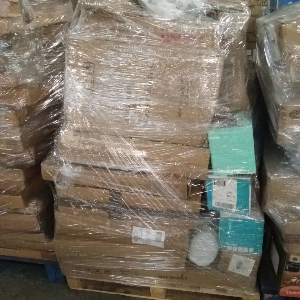 PALLET OF ASSORTED HOUSEHOLD GOODS AND PRODUCTS TO INCLUDE; MASSAGER, YOGA MAT, BIN BAGS, BEGINNERS GUITAR ETC