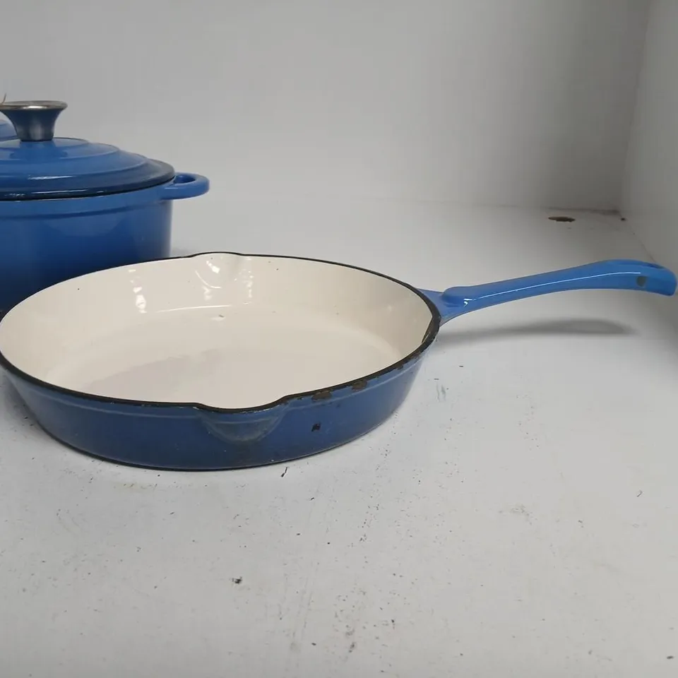 BLUE ENAMELLED CAST IRON COOKWARE SET – THREE POTS WITH LIDS AND A FRYING PAN