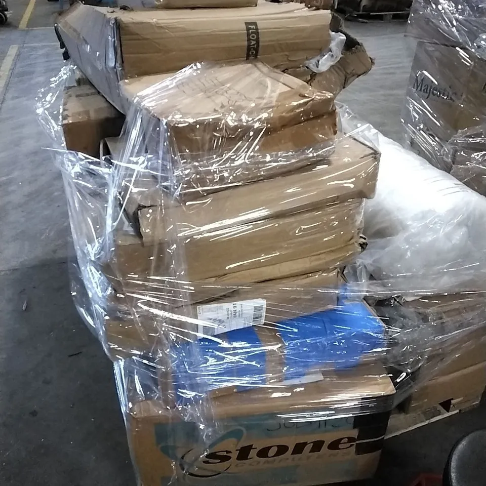 PALLET OF HOUSEHOLD ITEMS TO INCLUDE CHAIR, TREE STAND, TREE SKIRT, ACRYLIC DONKEY AND OTHER ASSORTED ITEMS...