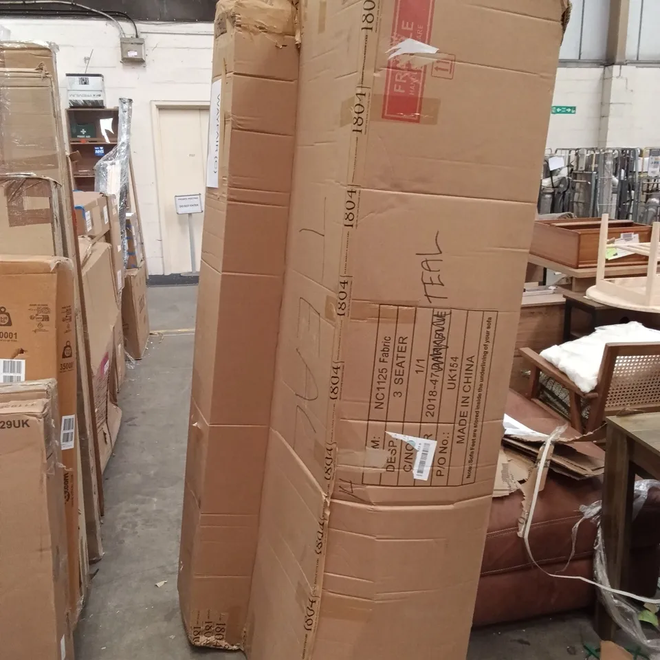 BOXED 3 SEATER FABRIC SOFA - TEAL (1 BOX)