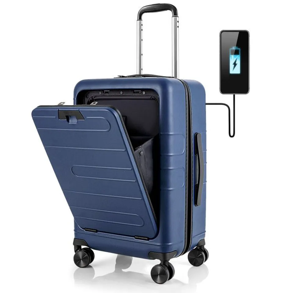 BOXED COSTWAY 20'' CARRY-ON LUGGAGE PC HARDSIDE SUITCASE TSA LOCK WITH FRONT POCKET & USB PORT NAVY