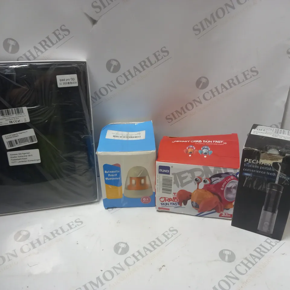 APPROXIMATELY 15 ASSORTED ITEMS TO INCLUDE IPAD PRO 11 CASE, WIRELESS TOOTH CLEANING KIT, AUTOMATIC PENCIL SHARPENER, ETC