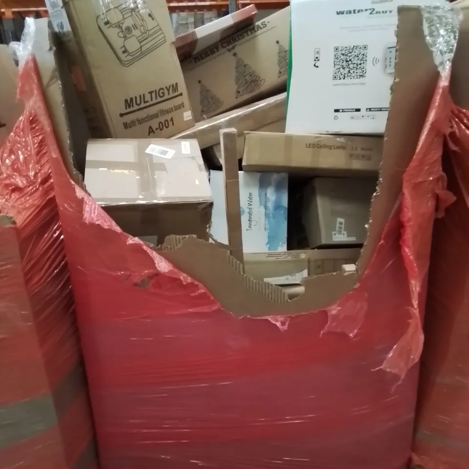 PALLET CONTAINING MIXED BOXED HOUSEHOLD ITEMS TO INCLUDE: CHRISTMAS TREE, MULTIGYM, WATER FILTRATION UNIT AND LOTS MORE UNMARKED BOXED ITEMS 