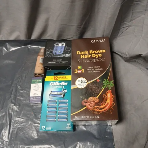 APPROXIMATELY 20 ASSORTED COSMETICS INCLUDING DARK BROWN HAIR DYE SHAMPOO, MINI SHAVER, MACH 3 RAZORS, HYALURONIOC ACID, NAIL HARDENER, DREAM LIQUID FOUNDATION ETC