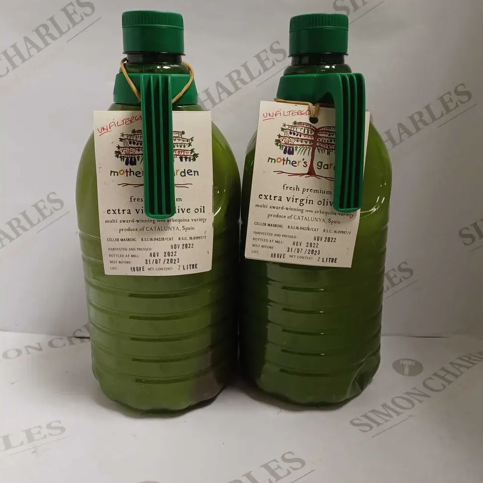 LOT OF 2 BOTTLES OF MOTHER'S GARDEN EXTRA VIRGIN OLIVE OIL (2x2L)