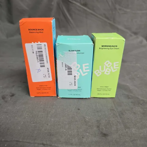 BUBBLE SKINCARE LOT OF 3 ASSORTE PRODUCTS TO INCLUDE - BALANCING MIST - HYDRATING MOISTURISER - BRIGHTENING EYE CREAM