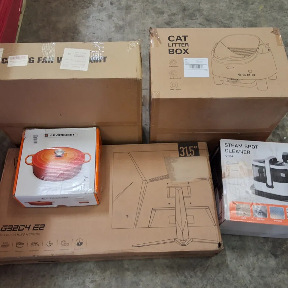 PALLET CONTAINING ASSORTED PRODUCTS INCLUDING CAT LITTER BOX, CEILING FAN LIGHT, LE CREUSET POT, COMPUTER MONITORS & STEAM SPOT CLEANER