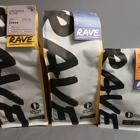 LOT OF 3 ASSORTED PACKETS OF RAVE COFFEE INCLUDES 2 1KG & 1 250G PACK