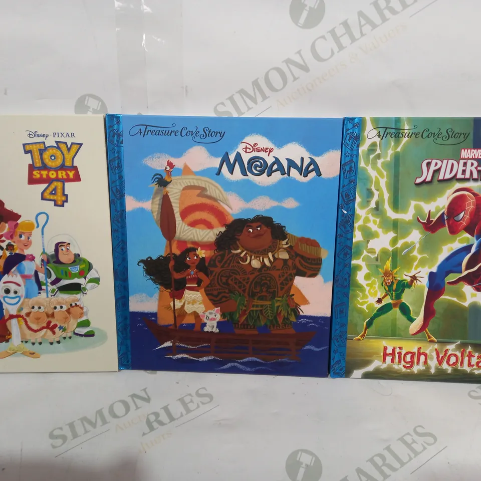 BOX OF APPROXIMATELY 10 ASSORTED TREASURE COVE STORY BOOKS TO INCLUDE MARVEL SPIDER-MAN HIGH VOLTAGE, DISNEY MOANA, DISNEY PIXAR TOY STORY 4, ETC