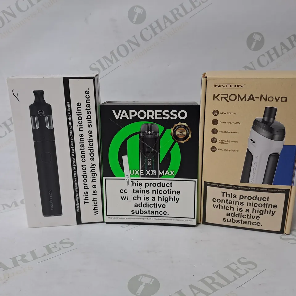 APPROXIMATELY 20 ASSORTED E-CIGARETTE PRODUCTS TO INCLUDE VAPORESSO LUXE XR MAX, INNOKIN KROMA-NOVA, INNOKIN ENDURA T20 S 