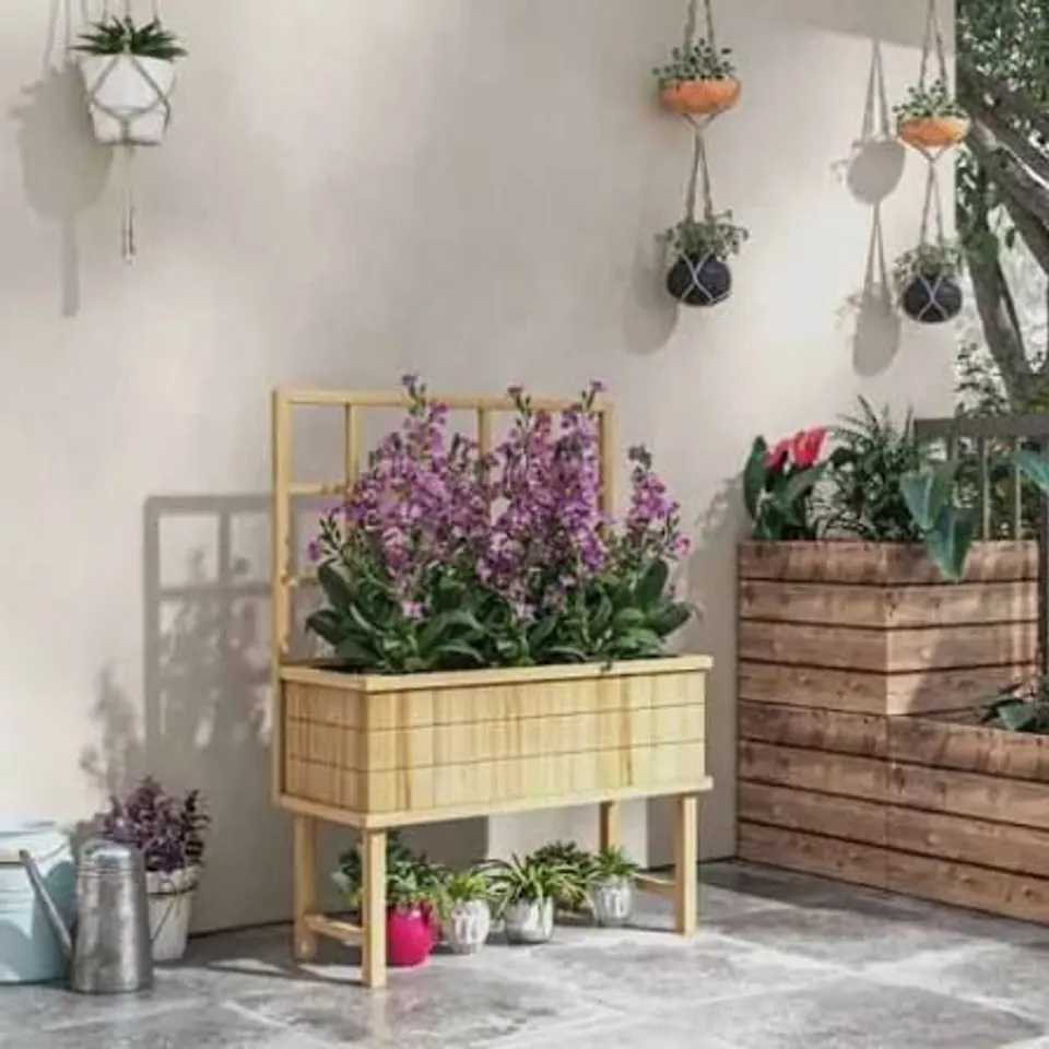 BOXED OUTSUNNY RAISED PLANTER W TRELLIS DRAIN HOLE ELEVATED - COLOUR UNSPECIFIED