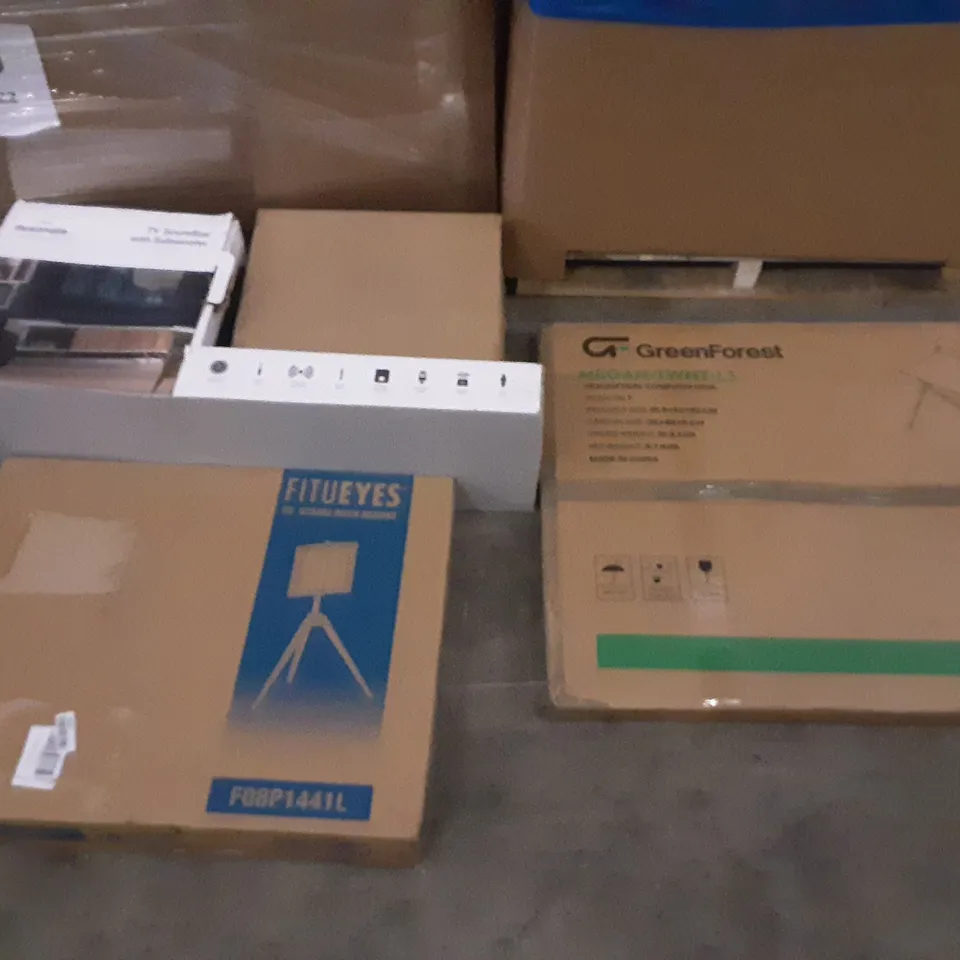 PALLET OF ASSORTED PRODUCTS INCLUDING GREENFOREST COMPUTER DESK, FITUEYES TV STAND WITH MOUNT, I-BOX RESONATE 5V SOUND A WITH SUBORDER, GARDERNER WEED MAT, OLARHIKE DOUBLE HIGH AIR MATTRESS, HOMIDEC