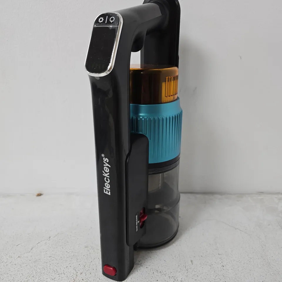 ELECKEYS HANDHELD VACUUM CLEANER – BLACK WITH TURQUOISE GRIP AND CLEAR DUST CANISTER (PARTS MISSING)