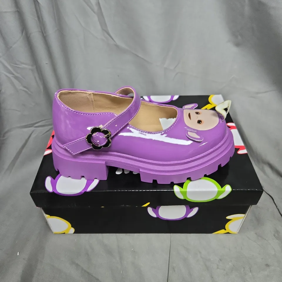 BOXED PAIR OF KOI TINKY WINKY TELETUBBIES KIDZ MARY JANES IN PURPLE - SIZE UK11