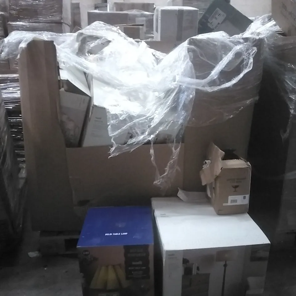 PALLET CONTAINING A VERY LARGE QUANTITY OF ASSORTED DESIGNER LIGHTING PRODUCTS INCLUDING:GRACIE FLOOR LAMP,SOPHIE ROBINSON TABLE LAMP,WALL LIGHT