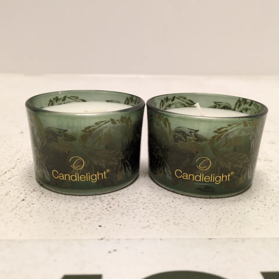 CANDLELIGHT GLASS VOTIVE CANDLES – SET OF 2, GREEN WITH LEAF DESIGN