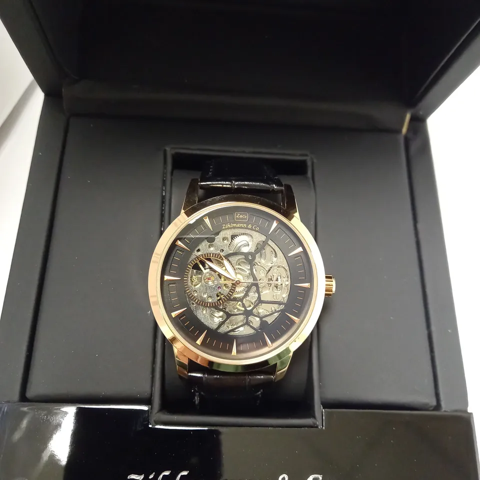 ZIHLMANN & CO GOLD EFFECT SKELETON BLACK LEATHER STRAP WRISTWATCH
