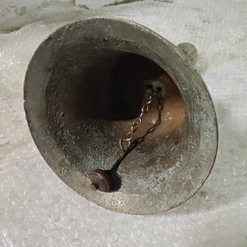 VINTAGE CAST METAL BELL WITH WOODEN HANDLE