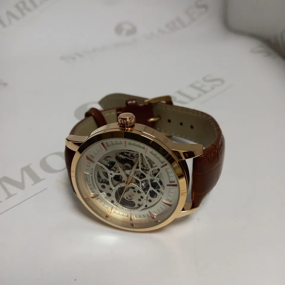 MENS ZIHLMANN & CO AUTOMATIC WATCH - Z210 – SKELETON DIAL – GOLD COLOUR CASE – GENUINE LEATHER – HAND ASSEMBLED 
