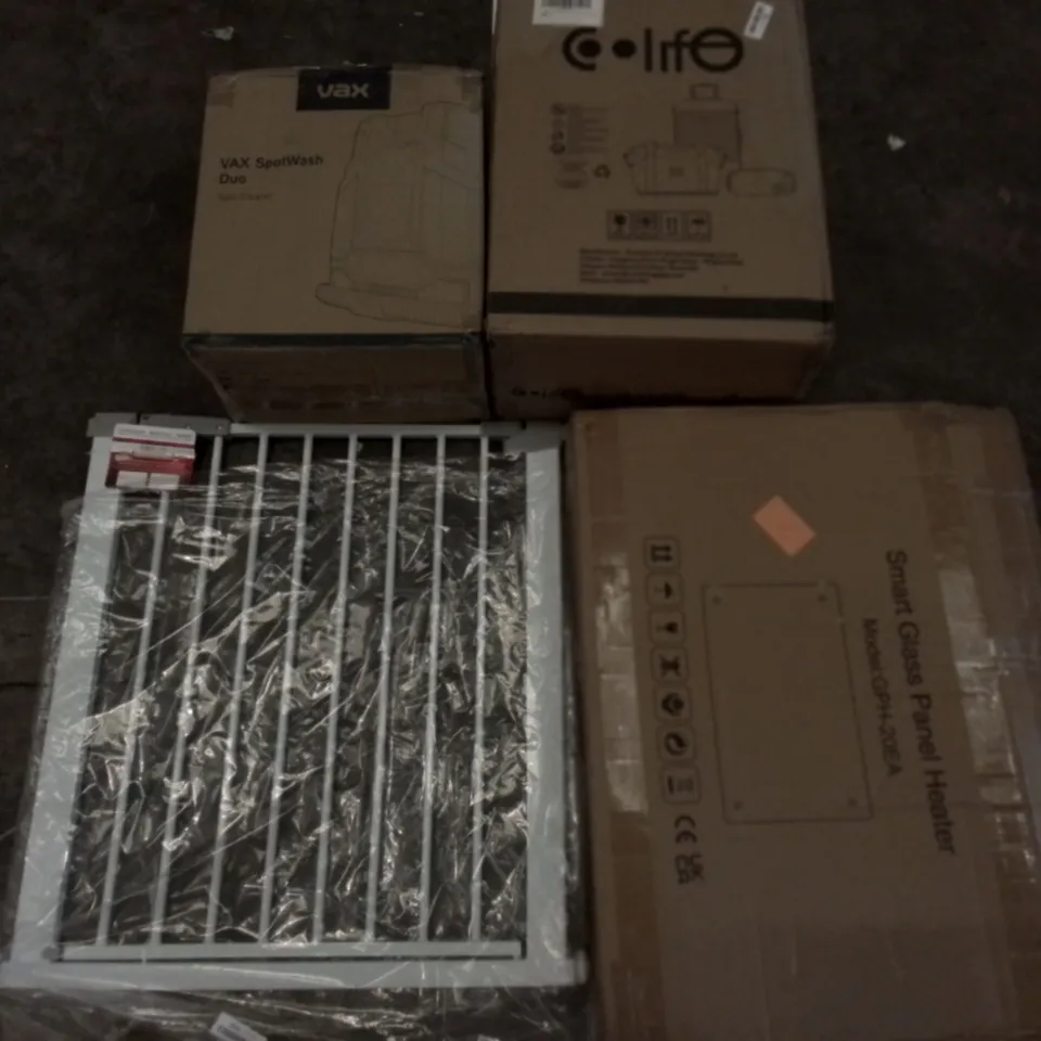 PALLET OF ASSORTED ITEMS INCLUDING SMART GLASS PANEL HEATER, COLIFE TRAVEL SET, VAX SPOT CLEANER, SAFETY GATE