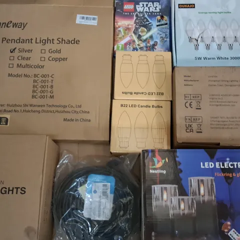 LARGE QUANTITY OF ASSORTED ITEMS TO INCLUDE LED FAIRY LIGHTS, PENDANT LIGHT SHADE AND DESK LAMP