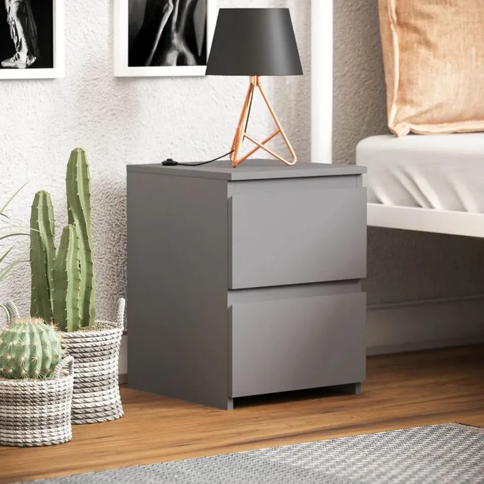 BOXED CUNHA 2 DRAWER BEDSIDE TABLE - GREY (1 BOX)