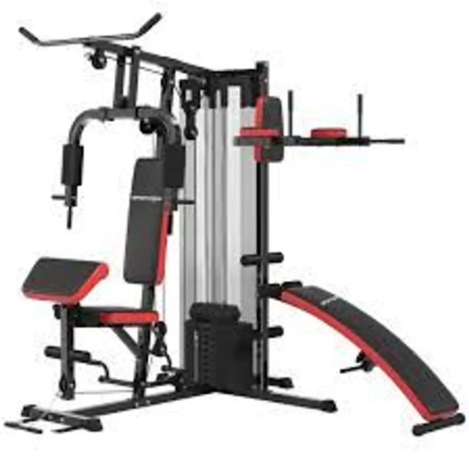 BOXED SPORTNOW MULTI GYM WORKOUT STATION, WEIGHT MACHINE WITH 65KG WEIGHT STACK, SIT UP BENCH, PUSH UP STAND, DIP STATION (1 BOX)