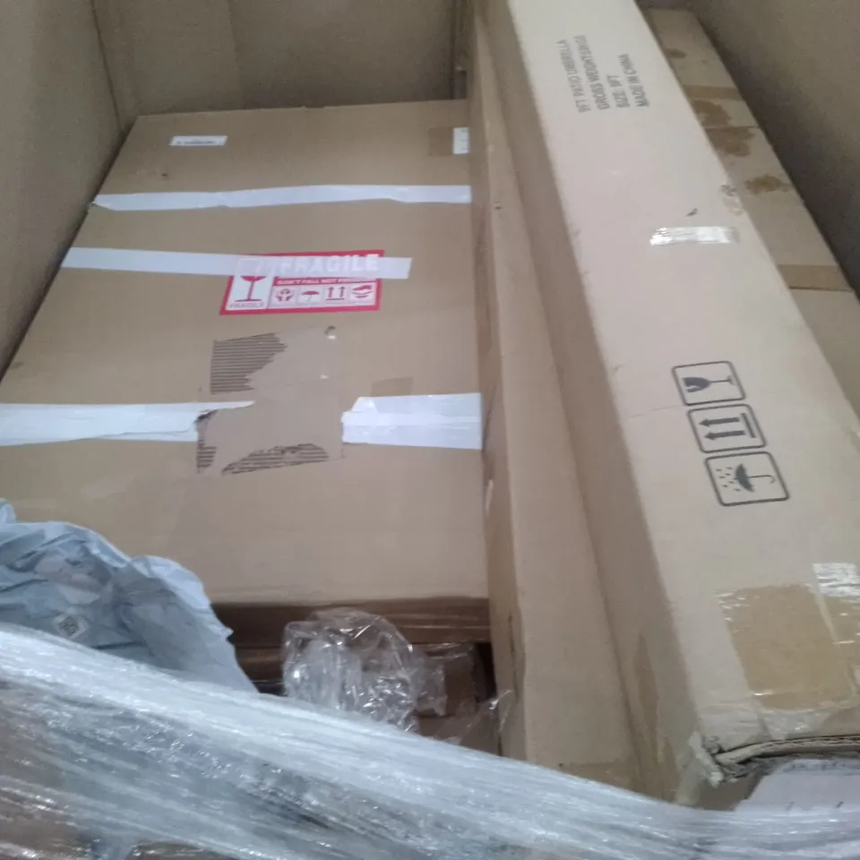 PALLET OF ASSORTED ITEMS INCLUDING 9FT 8RIBS FRILLS PATIO UMBRELLA, BASSINET AND BEDSIDE SLEEPER, MEMORY FOAM MATTRESS TOPPER, BORWART CHALK BOARD 