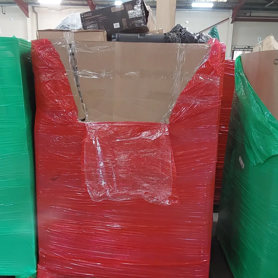 PALLET OF ASSORTED CONSUMER PRODUCTS TO INCLUDE: COOKER HOOD, OIL FILLED RADIATOR, OFFICE CHAIR, COUNTERBALANCE MONITOR ARM, PAPER SHREDDER ECT