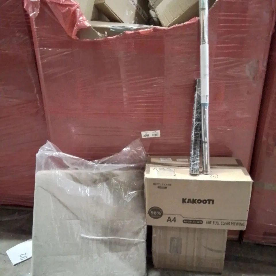 PALLET CONTAINING VARIOUS ASSORTED ITEMS TO INCLUDE: KAKOOTI REPTILE CAGE, LED CEILING FAN, ROLLS OF LAMINATE COVERINGSAND LOTS MORE UNMARKED BOXED ITEMS 