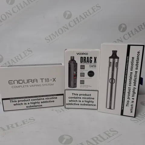 APPROXIMATELY 10 ASSORTED E-CIGARETTE PRODUCTS TO INCLUDE INNOKIN ENDURA T18-X. INNOKIN T20 S, VOOPOO DRAG X