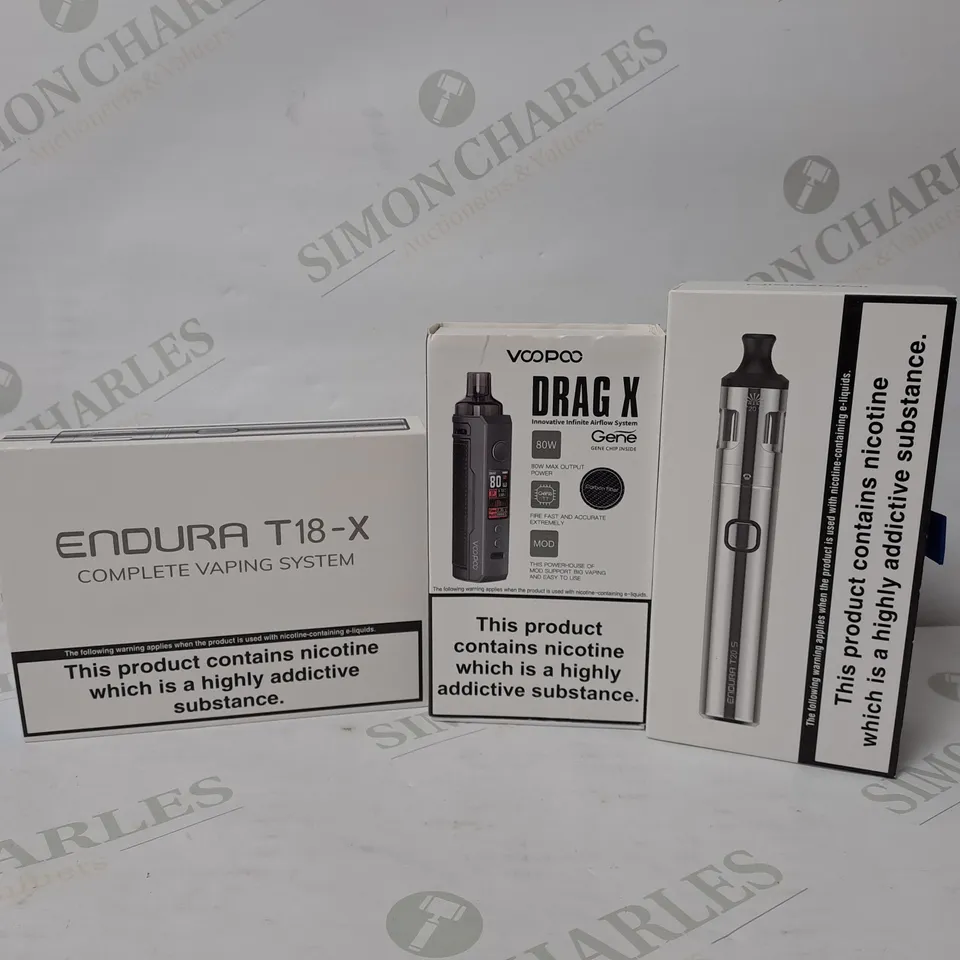APPROXIMATELY 10 ASSORTED E-CIGARETTE PRODUCTS TO INCLUDE INNOKIN ENDURA T18-X. INNOKIN T20 S, VOOPOO DRAG X 